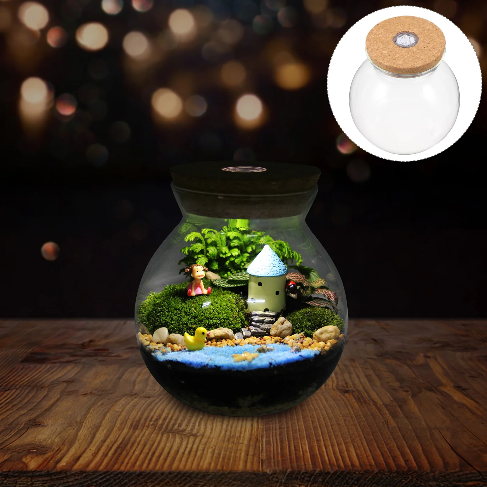 Glass Terrarium Jar Glass Vase Ecological Bottle Favor Jar with Cork Lid and LED Light Terrarium for Fern Moss Air Plants