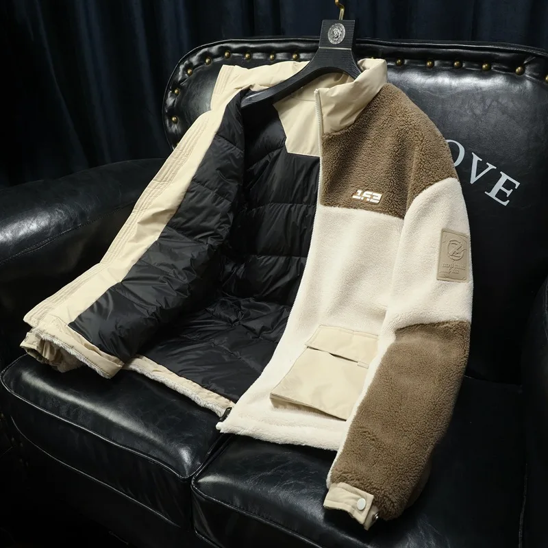 Mens Thermal Down Jacket Patchwork Thick Puffer Jacket Men Winter Clothes Stand Collar Parka Men 90% White Duck Down Coat