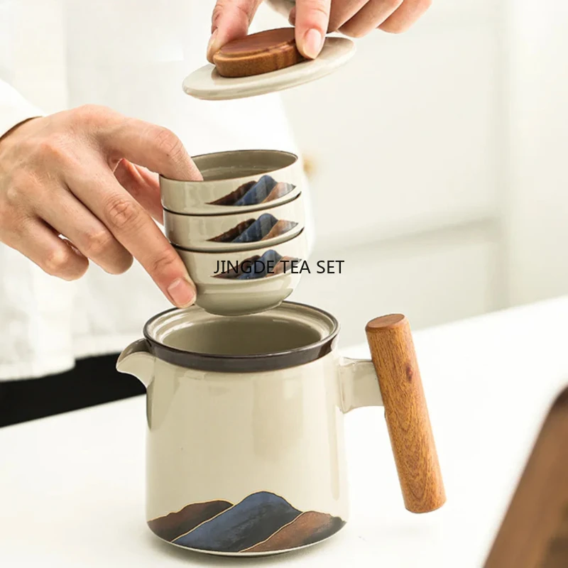 Mountain and River Grass Grey Tea Set 1 Pot 3 Cups Camping Travel Tea Set Portable Handbag Tea Accessories