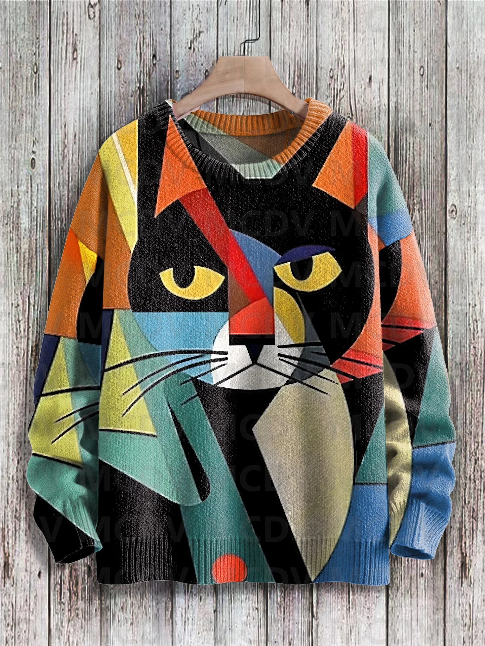 Abstract Art Cat Multicolor Print Casual Pullover Knit Sweater Women For Men Sweater