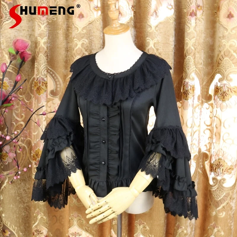 New Japanese Lolita New Sweet Shirt Chiffon Lace Long Sleeves Round Neck Single-Breasted Inner Wear Blouse Women Tops Camisas