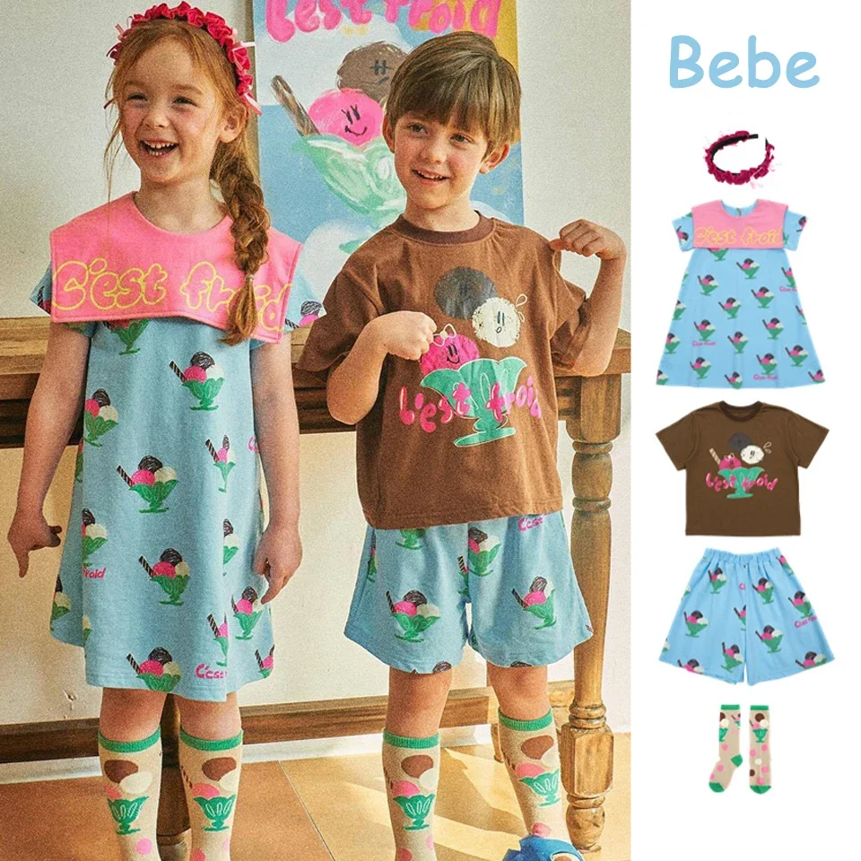 

New 2024 Korean Bebe Summer Girls Set Kids Ice Cream T Shirt Girls Blue Dress Children Cute Shirt Child Fashion Birthday Clothes