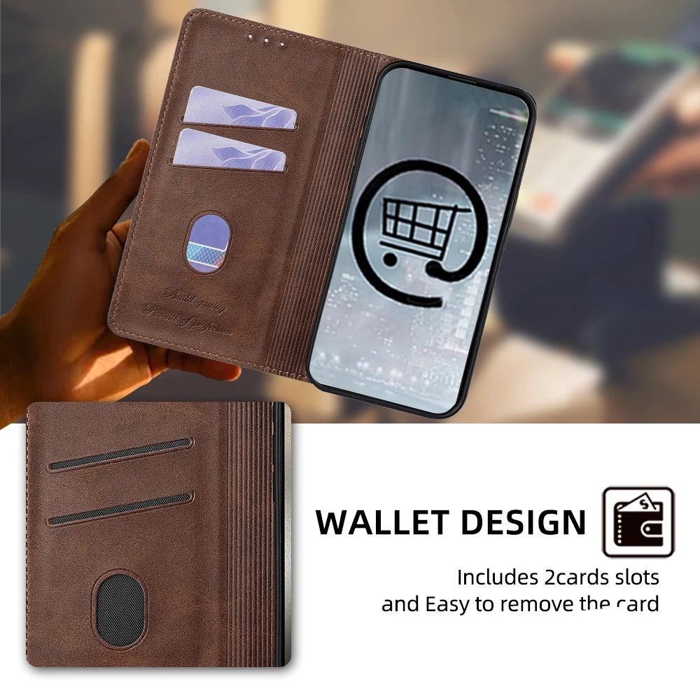 Embossed Leather Flip Cover with Magnetic Book Case and Card Holder - Shockproof Protection