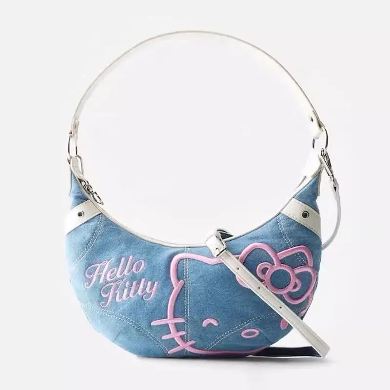 

Джинсовая сумка Kawaii Hello Kitty, сумка для подмышек с вышивкой, женская сумка через плечо, Сумка с круассанами, женская модная сумка через плечо