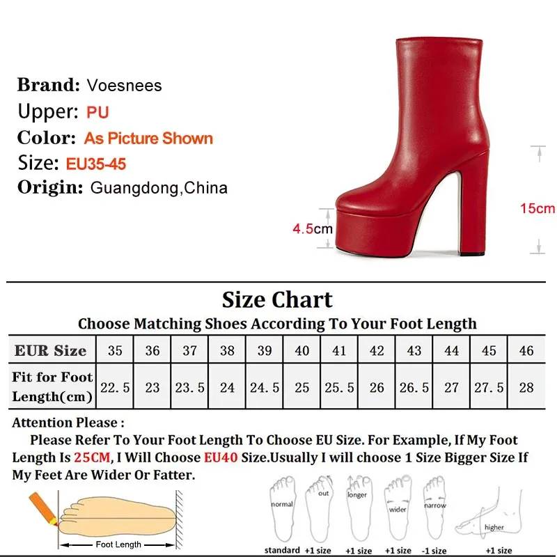 Autumn Winter Women Short Boots Red 15cm Super High Heels Thick Soled Ankle Boots Casual Side Zipper Lady Shoes Coarse Heel Boot