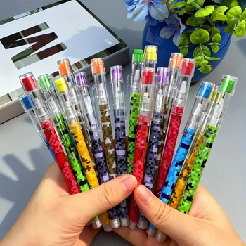 Set di 12 matite con colori e motivi pixelati a tema casuale, matite a tema cartoni animati, matite premio per studenti, matite con gomma, forniture per cartoleria, articoli per l'apprendimento e regali