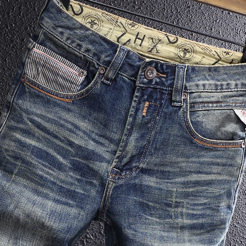 Fashion Designer Men Jeans High Quality Retro Blue Elastic Stretch Slim Fit Ripped Jeans Men Vintage Casual Denim Pants Hombre