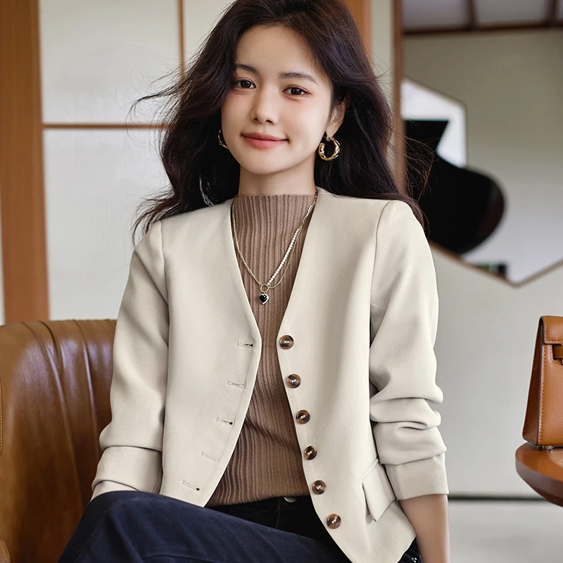 

Off-white high-grade collarless suit jacket female 2023 new spring and autumn temperament goddess Fan casual suit jacket