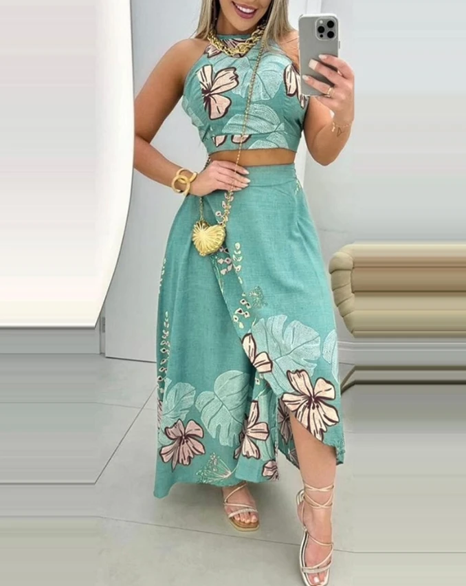 Summer Casual Two Piece Set Women Tropical Palm Leaf Floral Print Halter Tied Detail Backless Vest Top and Pleat Midi Skirt Set
