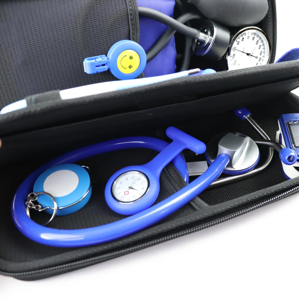 Blue Storage Medical Kit Health Monitor Bag Pouch with Stethoscope BP Manometer Reflex Hammer First Aid Tourniquet Penlight Set