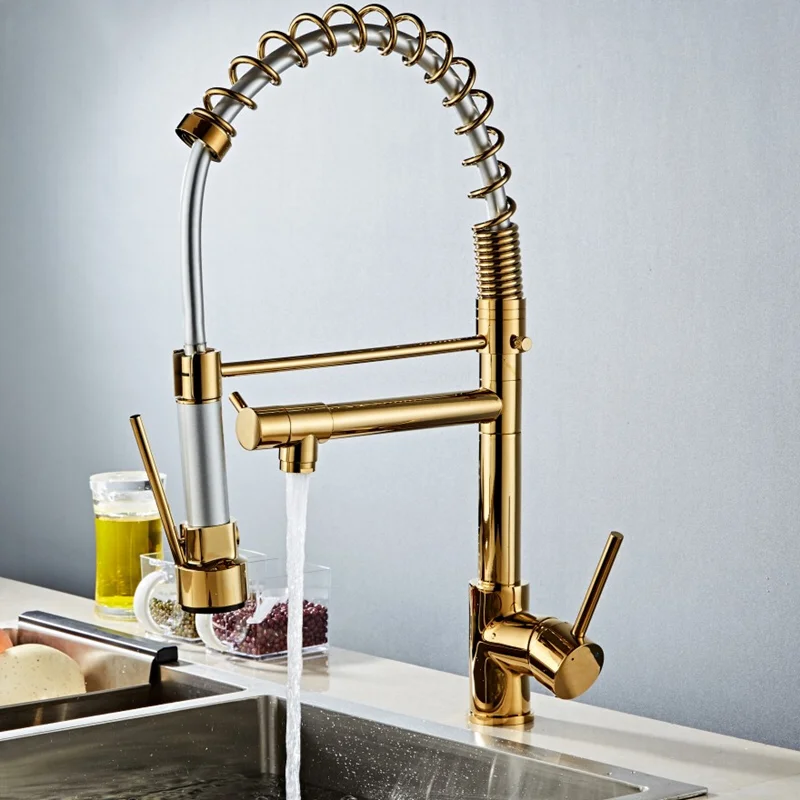 Swiveling Kitchen Faucet Brass Brushed Gold High Arch Kitchen Sink Faucet Pull Out Rotation Spray Mixer Tap Torneira Cozinha