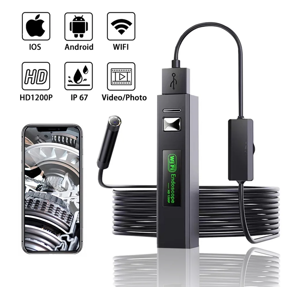 WIFI Industrial Endoscope Camera HD1200P 8mm Lens Borescope IP67 Waterproof For IPhone Smart Android USB PC Car Sewer Inspection p30 endoscope camera 8mm dual lens hd1080p snake tube rigid cable ip68 waterproof inspection borescope easy to use