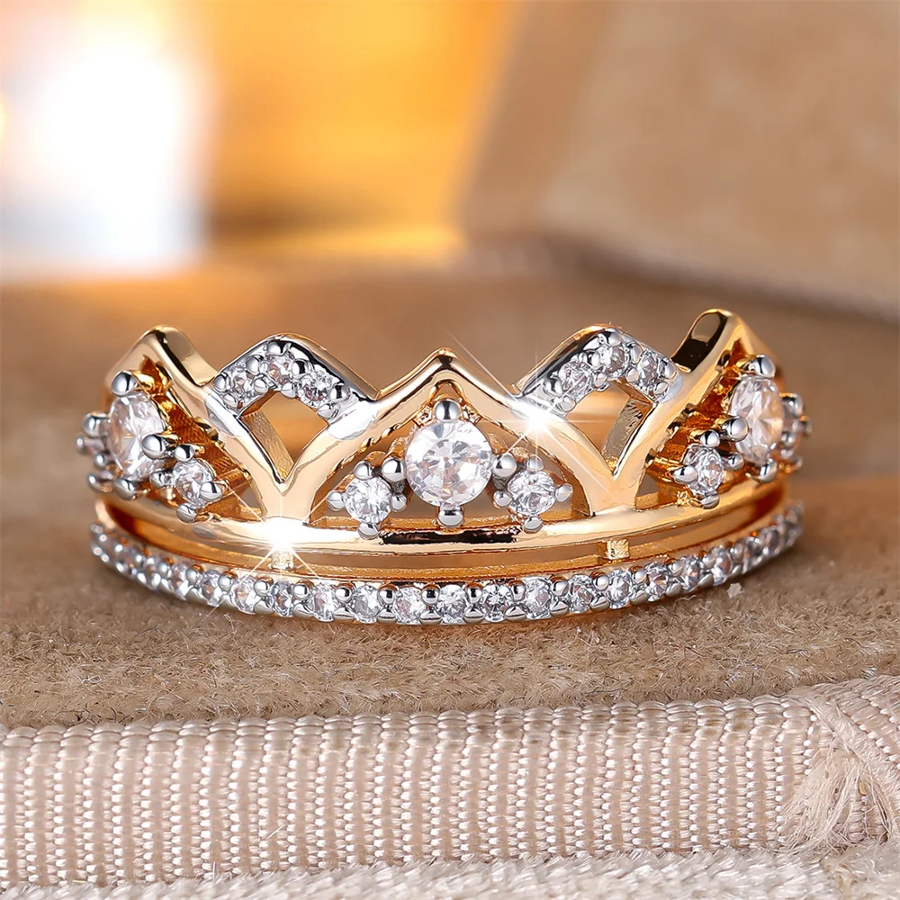 White Zircon Luxury Crystal Queen Crown Rings For Women Vintage Gold Color Engagement Ring Wedding Jewelry Bridal Birthday Gifts