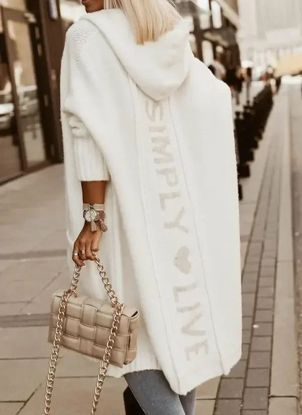 

Женский длинный вязаный кардиган с капюшоном, мягкое Свободное пальто макси с надписью и сердечками, длинный кардиган для осени и зимы