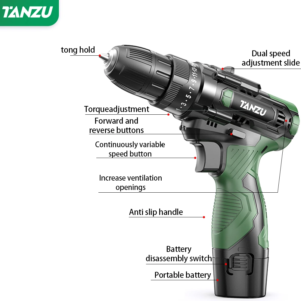 리튬 이온 배터리 무선 드릴, 속도 조절 가능, 12V, 40Nm 토크 드릴, 전기 스크루 드라이버, LED 조명 포함, 무선 전원 드라이버