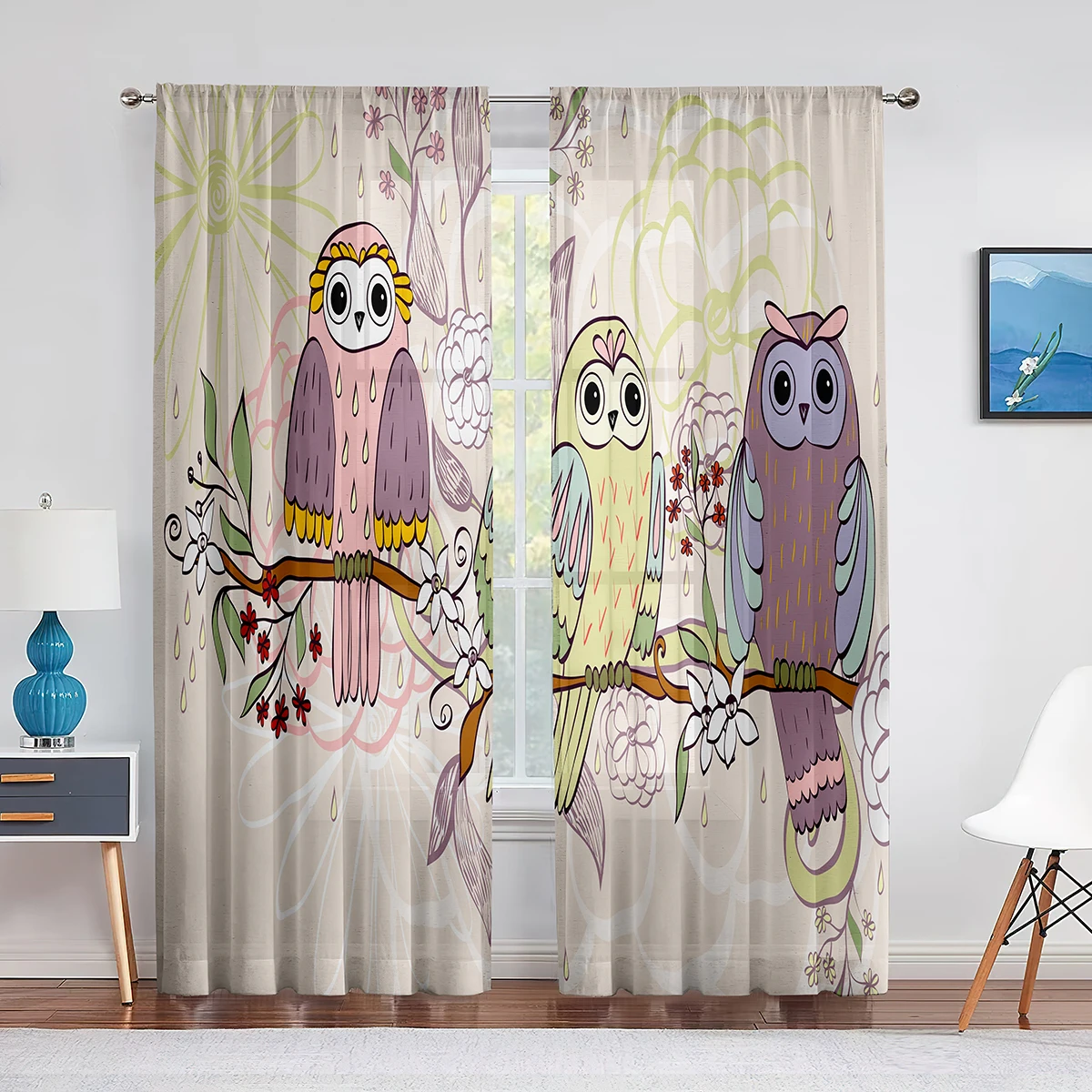 

Cartoon Owls with Flowers Leaves Branches Tulle Curtains for Living Room Bedroom Decoration Chiffon Sheer Voile Window Curtain