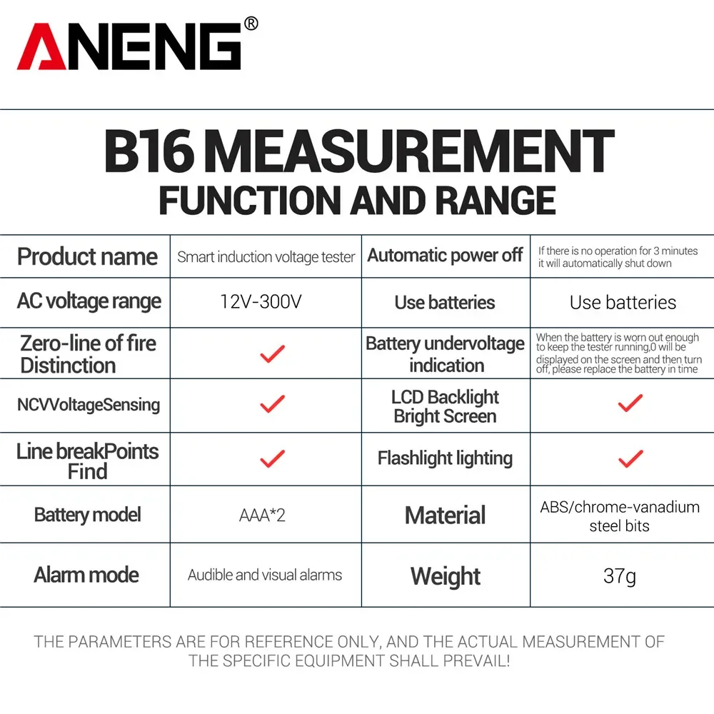Electric Tester Pen ANENG B16 Lntelligent Sensing Digital Measuring Non-Contact 12V-300V Voltage Detector NCV Voltage Probing Tester Meter Tools