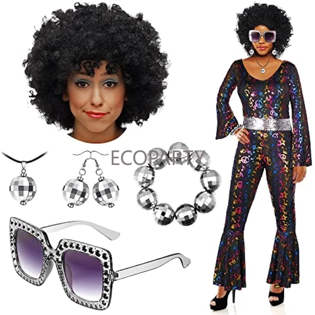 Fashion Hillban 6 Pcs 70s Women's Disco Costume Set Lady Disco Accessories  Afro Wig Ball Earrings Necklace Bracelet Sunglasses - AliExpress