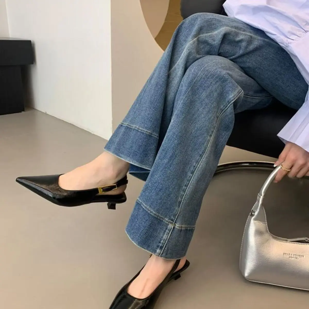Summer Women Sandal Fashion Pointed Toe Shallow Slip on Ladies Elegant Slingback Shoes Thin Med Heel Dress Mules Black women slingback sandals women high heels shoes women dress shoes