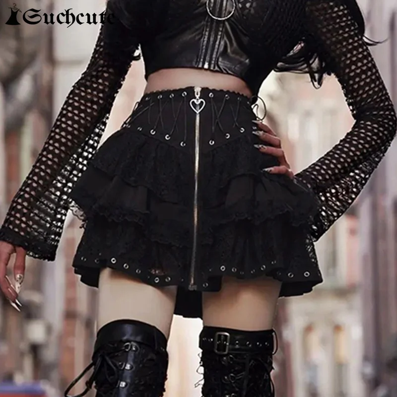 

SUCHCUTE Punk Style Lace Patchwork Mini Skirts Hight Waist Eyecorn Bandage Black Pleated Skirt Streetwear Dark Academia Clothes