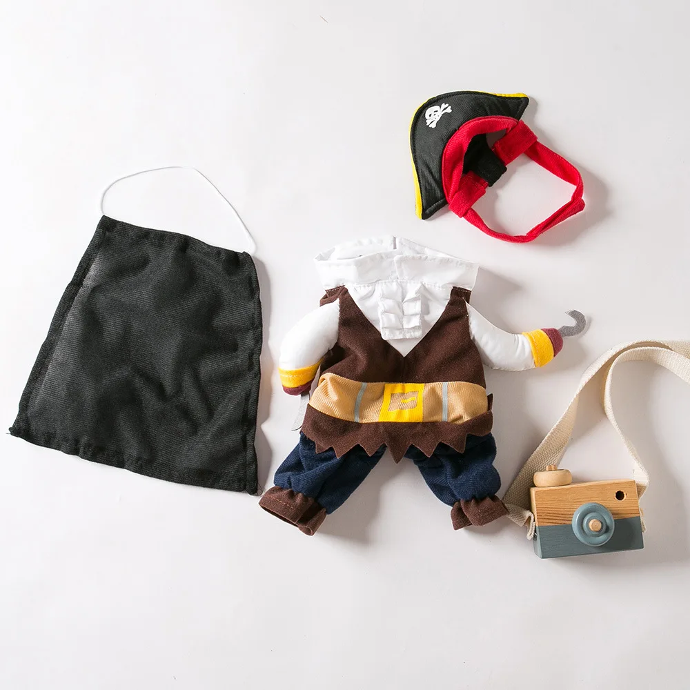 KittyNook Cat Co. Funny Pirate Cat Halloween Costume with hat, eyepatch, outfit & toy camera on white background.