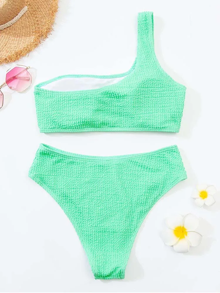 2022 New Sexy Bikini Set Tube Top One Shoulder Solid Color Bikini Swimsuit Women High Waist Rib Pleated Ladies Beach Swimwear gold bikini set