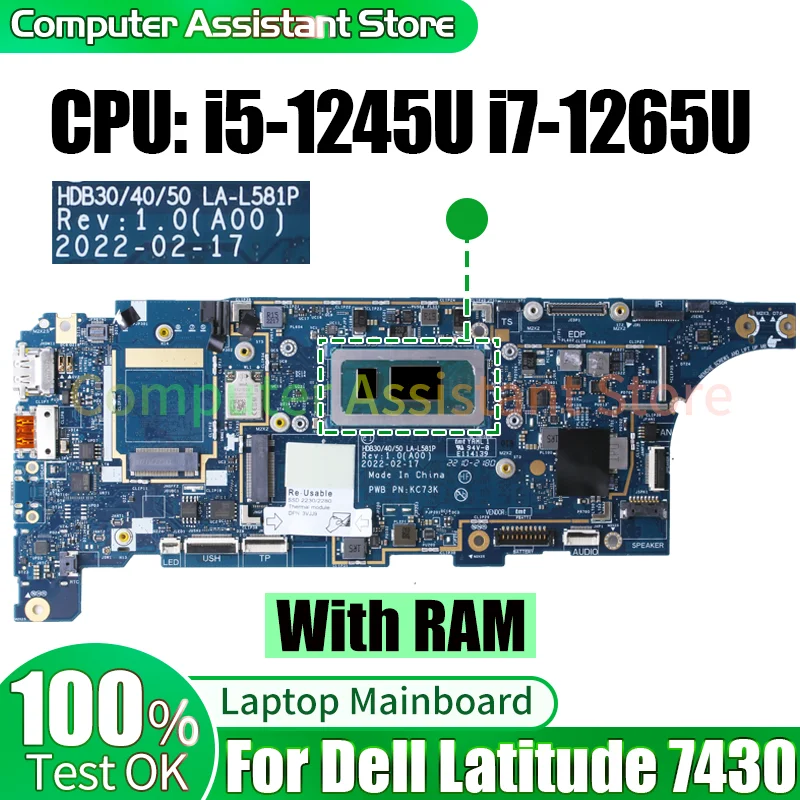 

For DELL Latitude 7430 Laptop Mainboard LA-L581P 05423Y 0G8YFK i5-1245U i7-1265U Notebook Motherboard