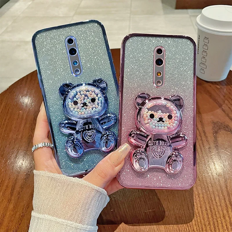 Soft Silicone Bling Shockproof Electroplated TPU Phone Case with Cute Bear Stand