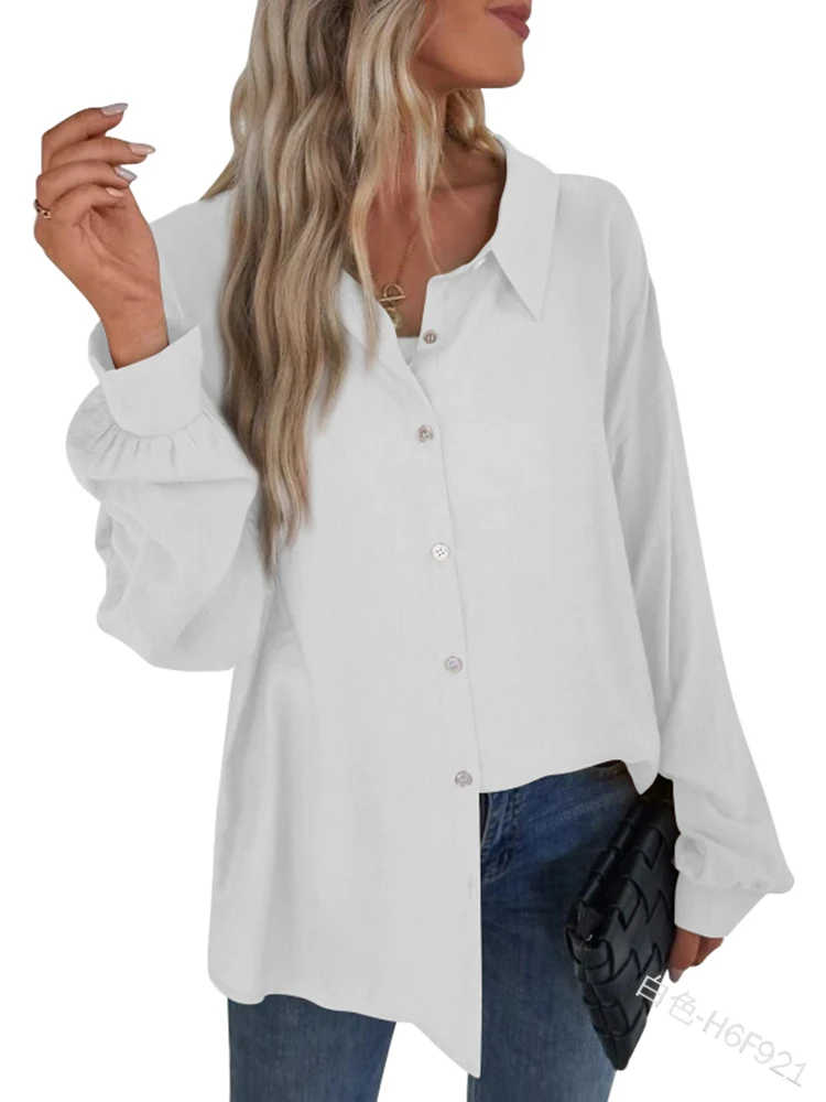 Women White Blouse Shirt Loose Button Up White Blue Long Sleeve Vintage Oversize Shirt Tops Casual Turn-down Collar Women's Tops