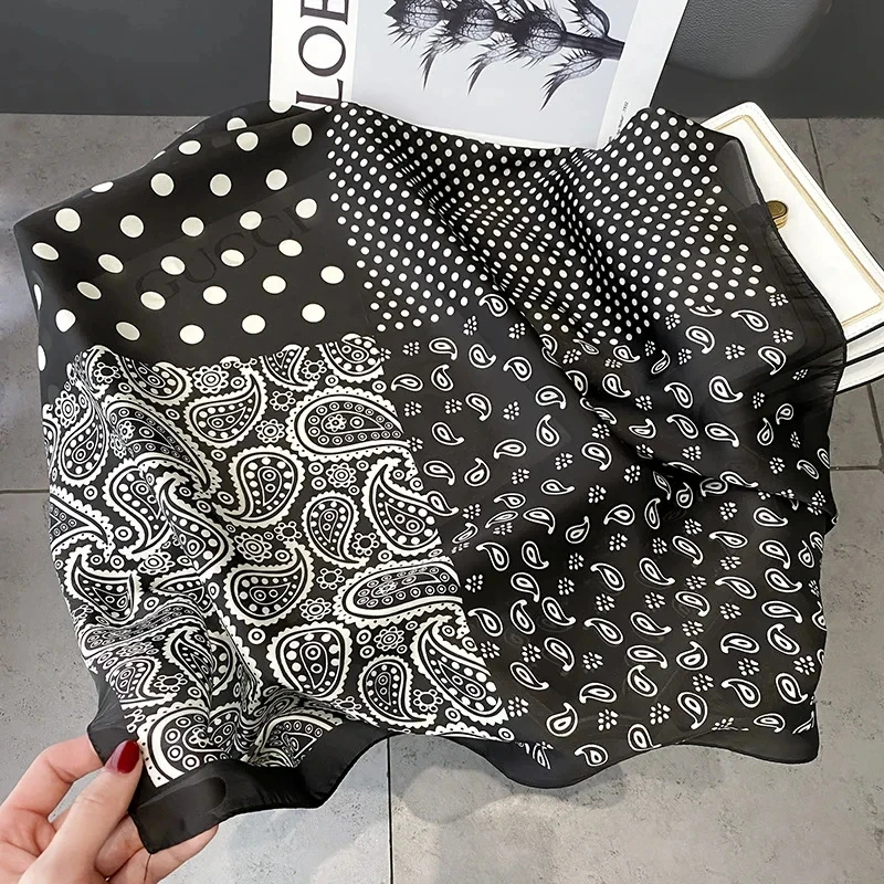 Luxury Polka Dot Paisley Print Square Scarf Black White Thin Decorative Neck Scarf Hairbands Sunscreen Headscarf For Women 2
