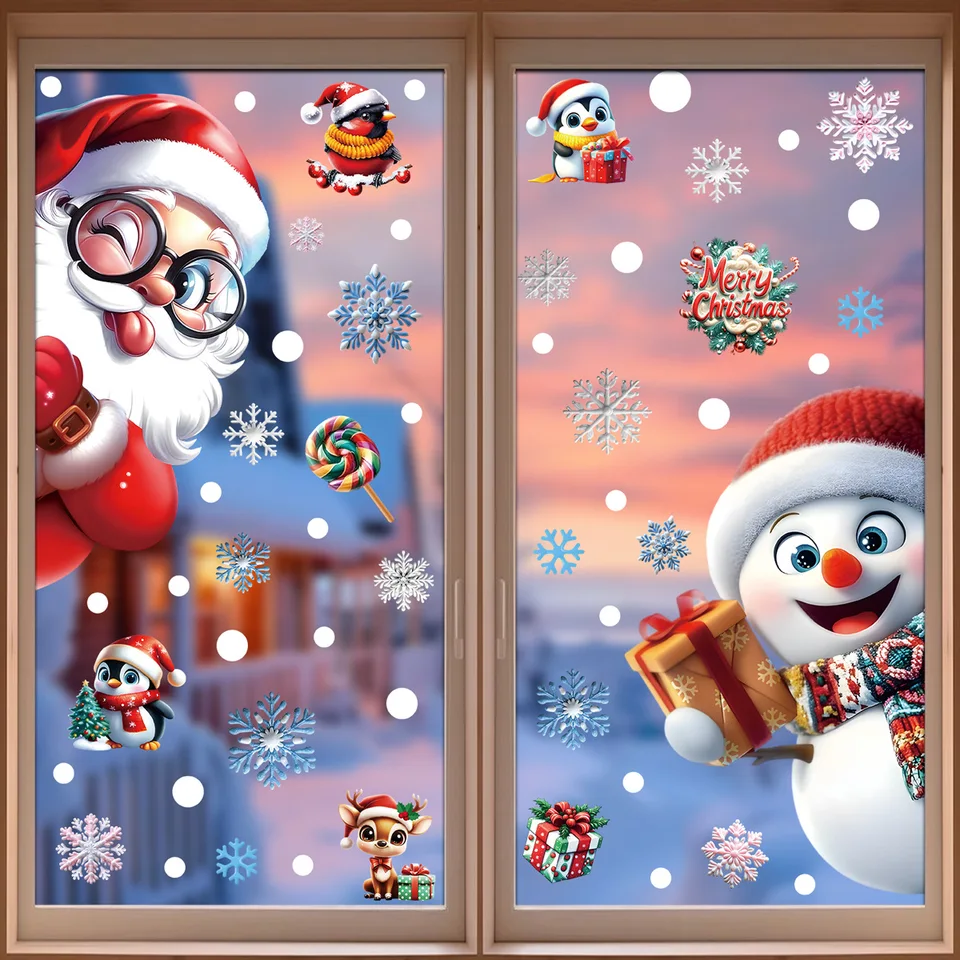 Pegatinas Navideñas Ventanas Pegatinas Navidad Reutilizables - Santa, Muñeco Nieve, Copos Decoración Navideña