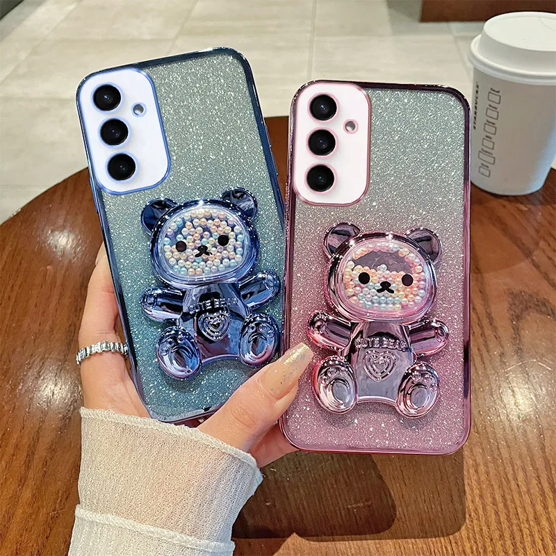 

For GalaxyA05s Luxury Gradient Glitter Plating Bear Holder Phone Case For Samsung Galaxy A05s A05 Silicone Back Cover Galaxy 05s
