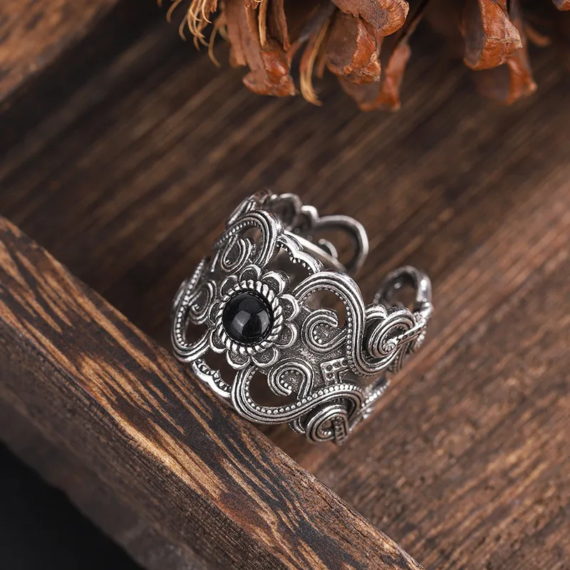 Ethnic Vintage 925 Sterling Silver Obsidian Thai Silver Pattern Open Rings For Women Men Sterling-Silver-Jewelry TYB024 2