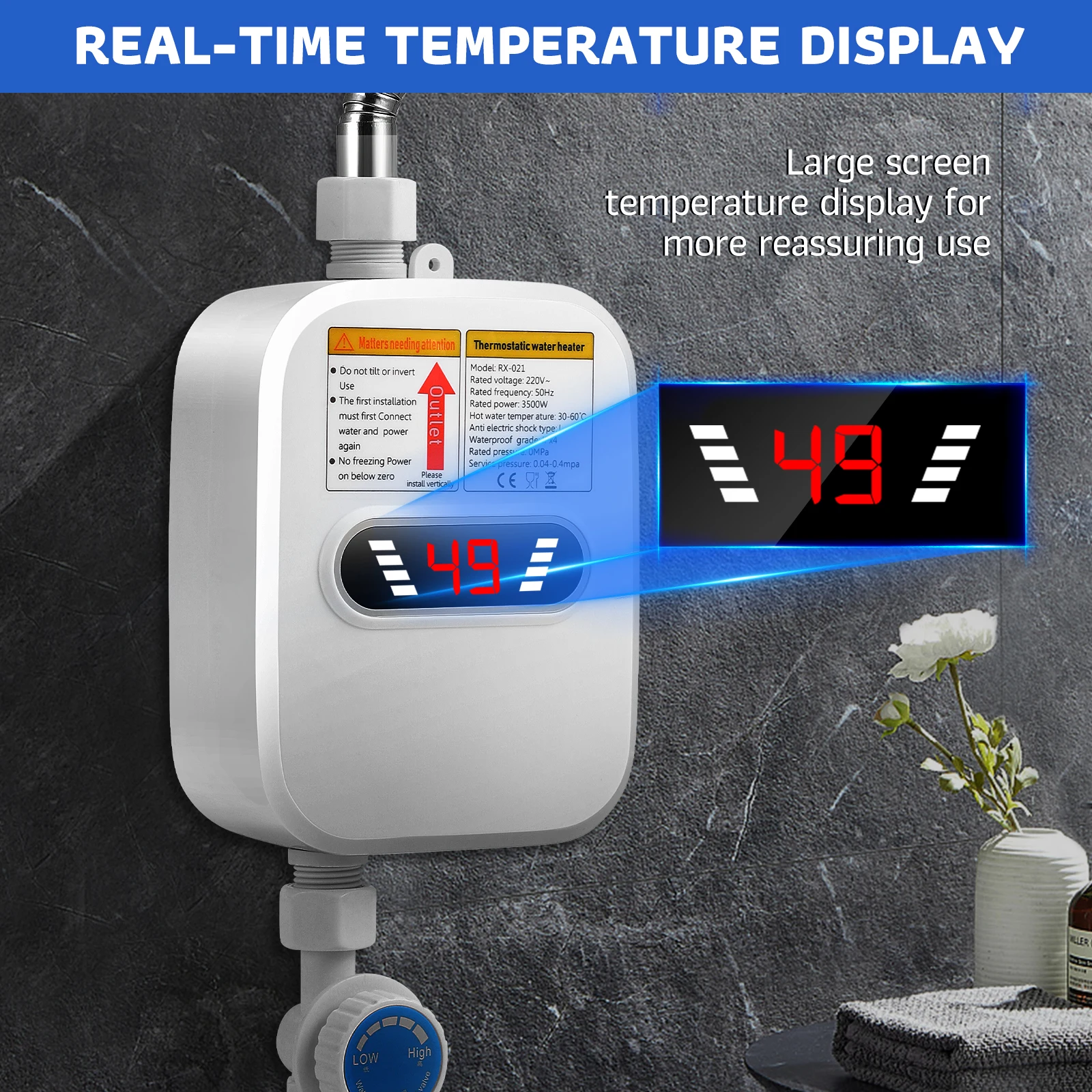 3500 W Electric Instantaneous Water Heater, 220V Mini Shower Water Heater Shower Head, Kitchen Tap Heater Temperature Display