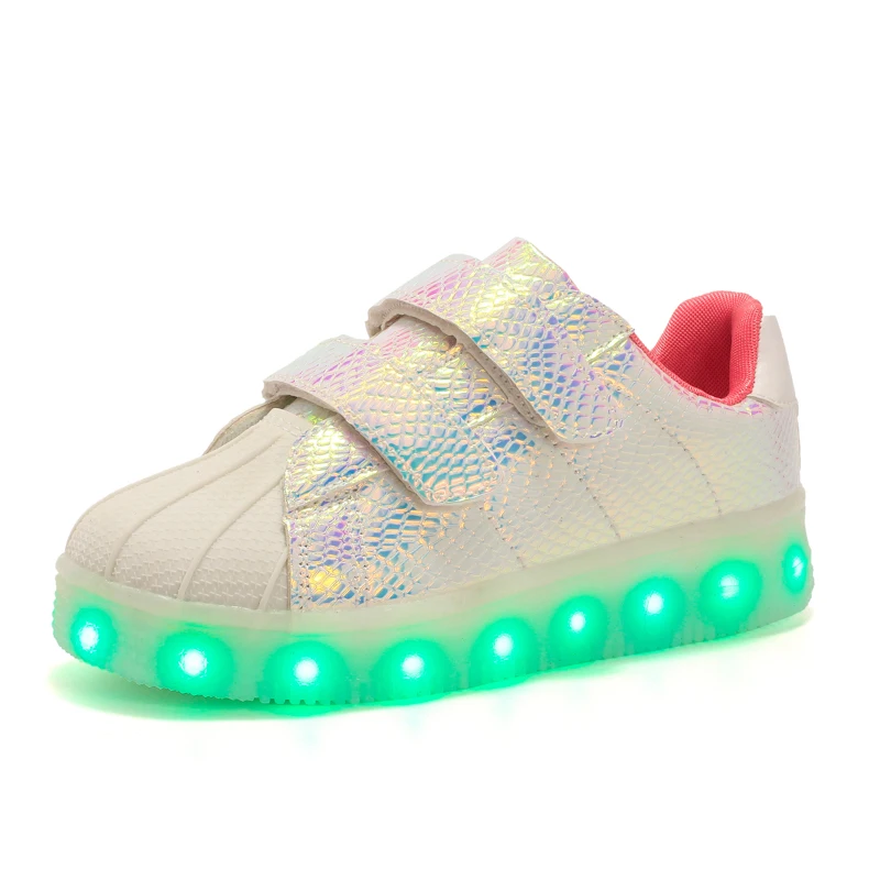 7ipupas USB 충전 어린이 신발 쉘 핑크 빛나는 스니커즈, LED 라이트 업, 소년 소녀 신발 바구니, 테니스 LED 발광 스니커즈