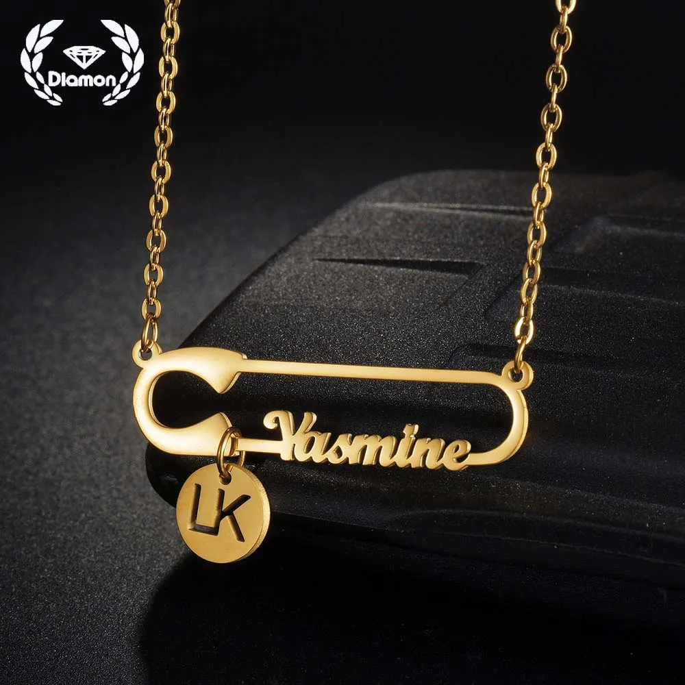 

Diamon Personalized Custom Name Stainless Steel Letter Necklace Paper Clip Round Nameplate Chokers Chain for Women Jewelry Gift