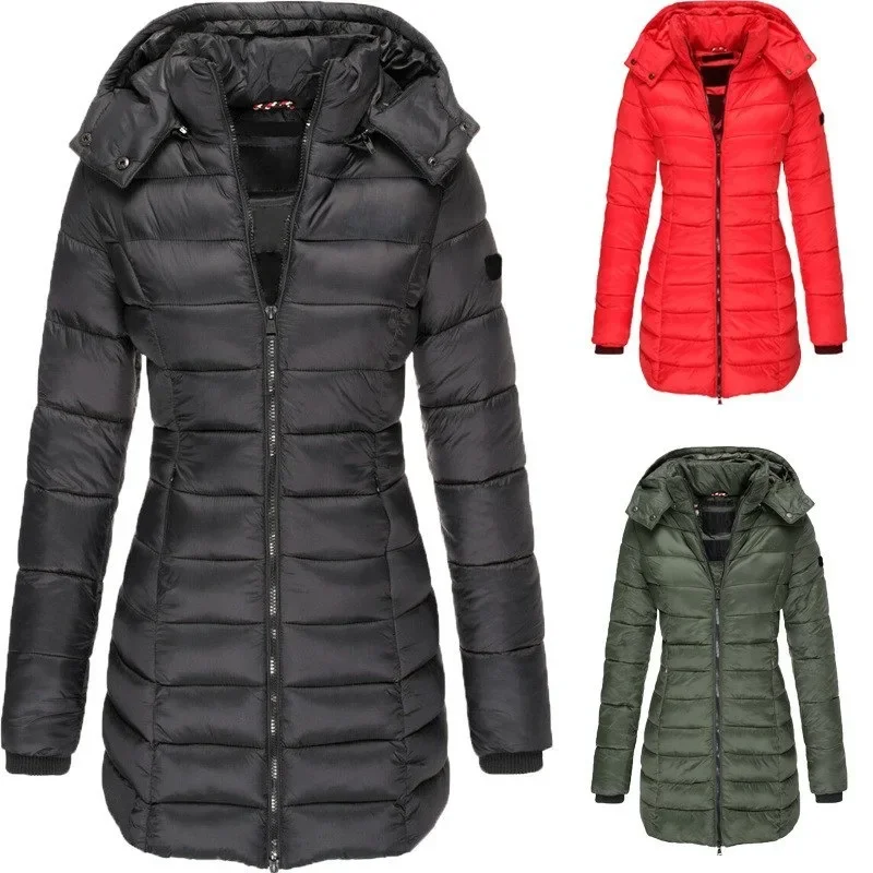 Winter Jackets for Women Zipper Hooded Cotton Padded Jackets Long Sleeve Warm Coat Slim Parka Female Portable Outwear