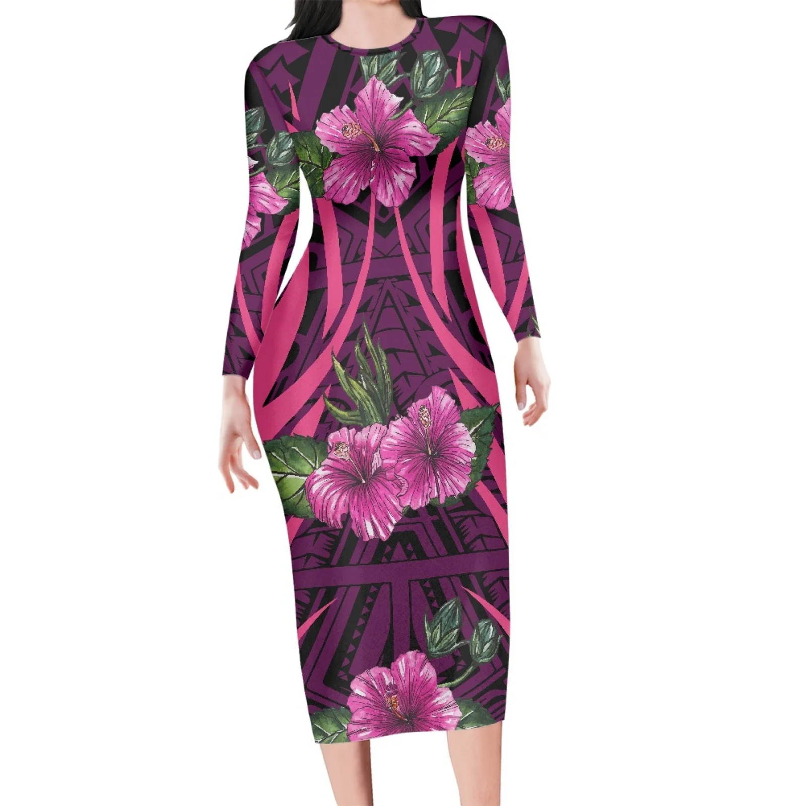 

Polynesian Tribal Fijian Totem Tattoo Fiji Prints Long Sleeve O-neck Party Winter Long Dress Large Size Elegant Clothes Vestidos