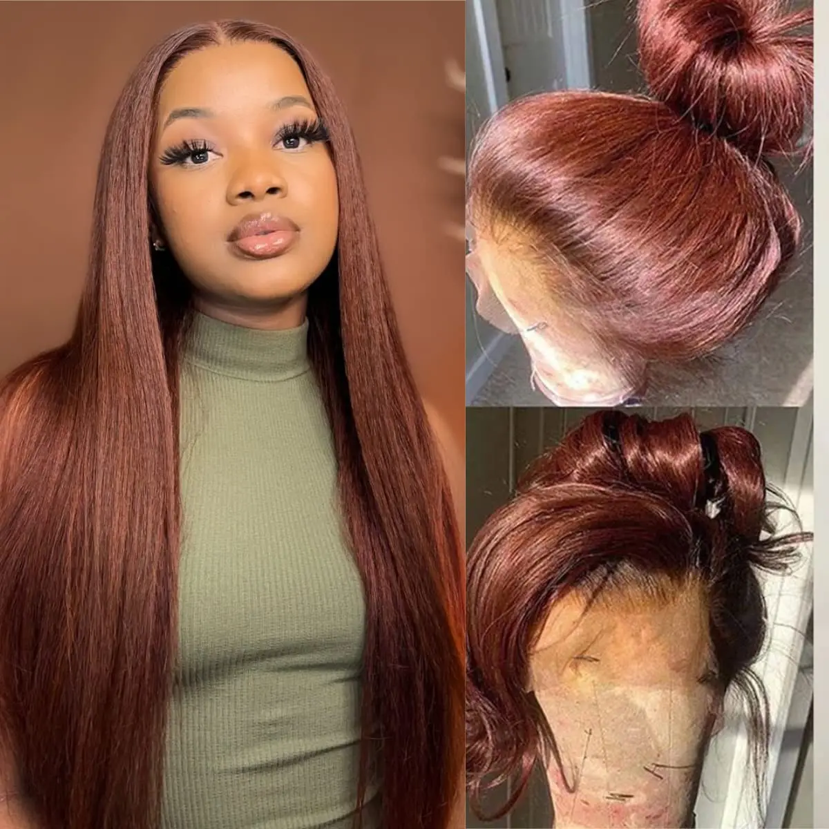 

Reddish Brown Lace Front Human Hair Bone Straight 13x6 HD Lace frontal Wig Pre Plucked Dark Red Brown 13x4 Lace Wig For Women