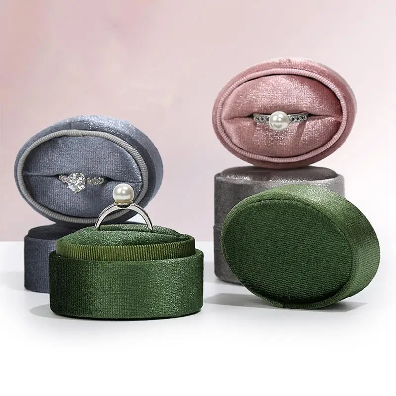 Velvet Double Ring Oval Pink Box Holder For Earring Jewelry Organizer Storage Wedding Ceremony Engagement Display Case Stand