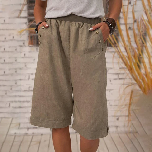 Women's Solid Color Pocket Button Shorts Casual Fashion Casual Elastic Cotton and Linen Pants Women Short Sleeve Casual Wide-Leg