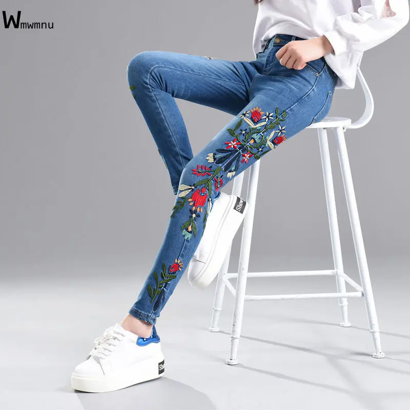 Embroidered Floral Denim Jeans High Waist Skinny Jeans Floral Women