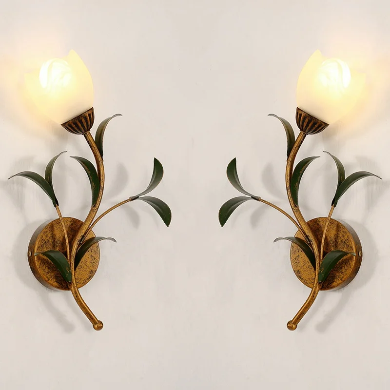 LED Wall Lamp Nordic Bedside Bedroom Iron Flower Wall Lights village Lighting rural New Home Decors Sconces Glass Lampshade