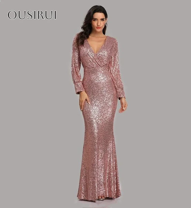 Sequined V-neck Split Long Sleeves Mermaid Prom Gown Floor Length Zipper Customized Evening Dresses vestidos de novia 2