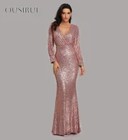 Sequined V-neck Split Long Sleeves Mermaid Prom Gown Floor Length Zipper Customized Evening Dresses vestidos de novia 2