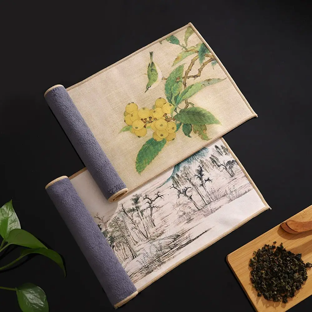 Chinese Painting Ancient Style Tea Ceremony Towel Guochao Zen Tea Mat Thickened Water-Absorbent Painted Cloth Towel