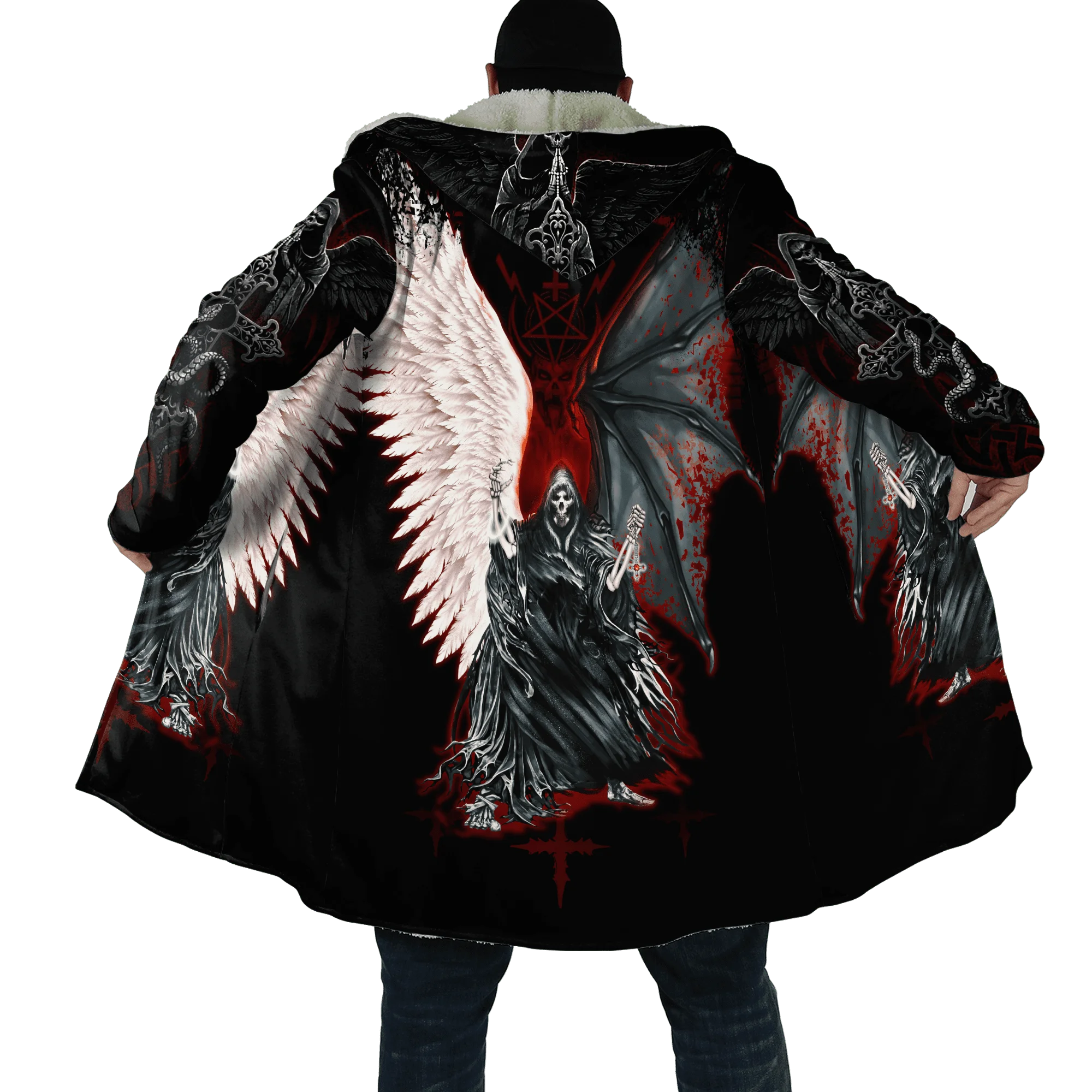 

Winter Fashion Mens cloak Reaper Skull With Angel Wings 3D Printing Thick Fleece Hooded Coat Unisex Casual Warm Cape coat