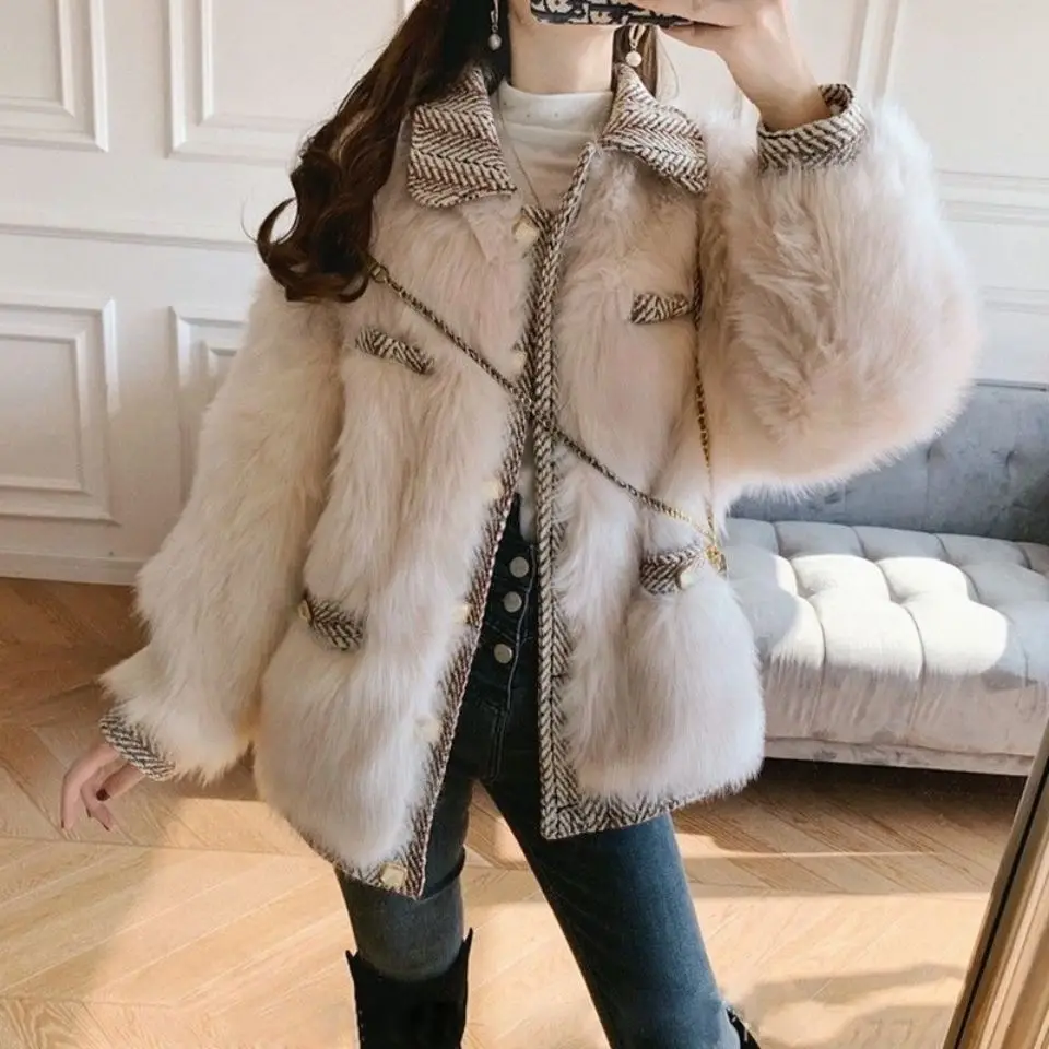 

2023 New Women Winter Faux Fox Fur Jackets Female Streetwear Imitation Fur Coats Ladies Thick Warm Patchwork Outwear A529