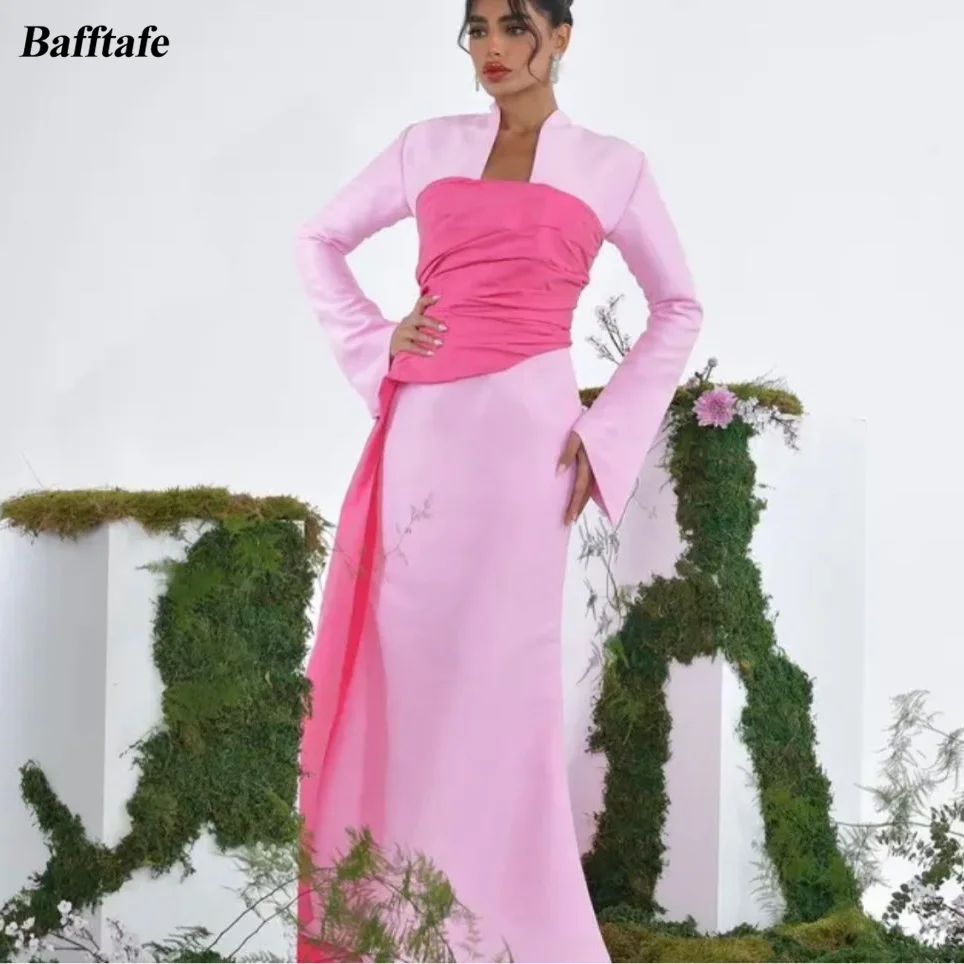 

Bafftafe Pink Sheath Arabia Women Prom Dresses Long Sleeves Pleat Formal Evening Gowns Dubai Special Pageant Party Wedding Dress