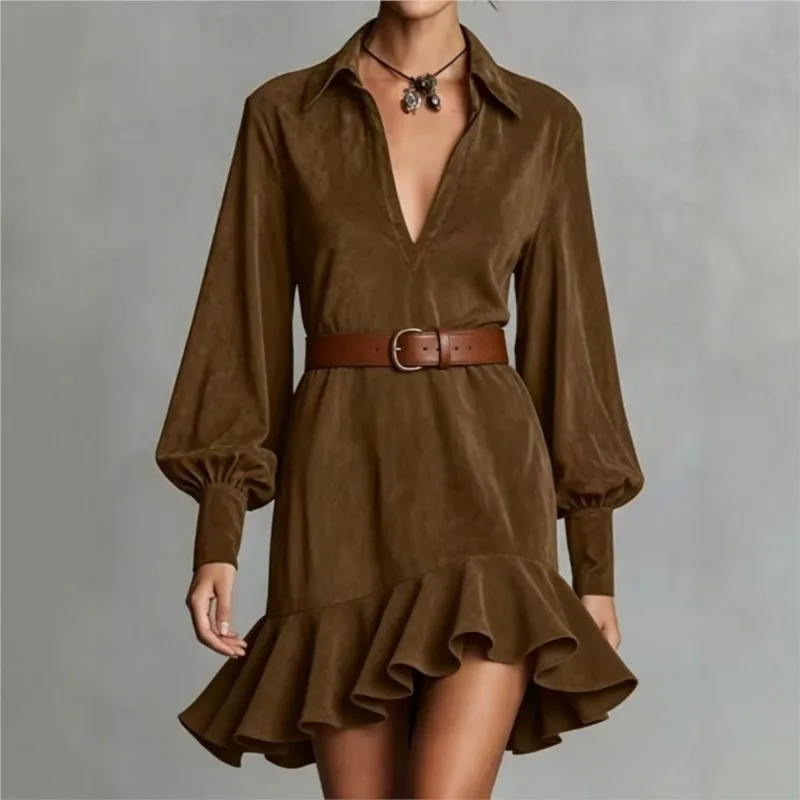 2026 New Autumn And Winter Women's Dress, Solid Color V-neck Ruffled Hem Unique Temperament Fashionable And Comfortable Vestidos